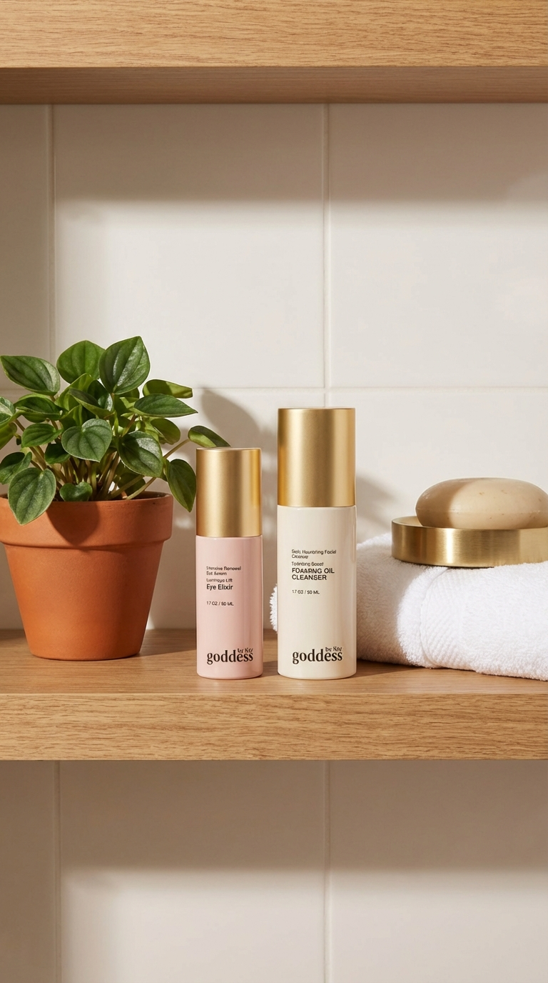 Goddess by Kay Eye Elixir and Foaming Oil Cleanser on a bathroom shelf